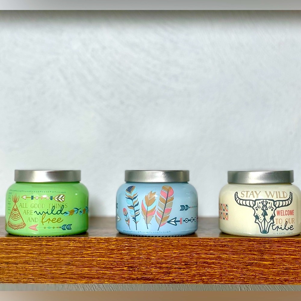 Hand Crafted Decorative Feather and Bull Skull Candle Set of 3